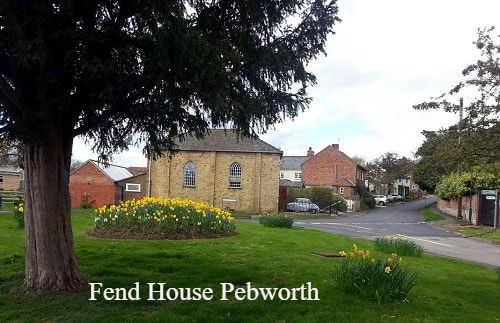 Fend House, Pebworth, seen across the village green behind a large tree and a circular bed of daffodils