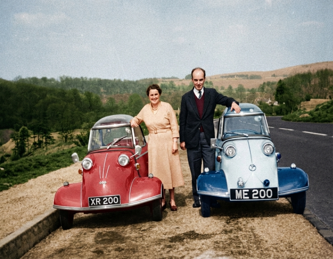 1950s colour photograph of a red KR 200 registered XR 200, and the ME 200, parked on a rural roadside with a couple standing beside them